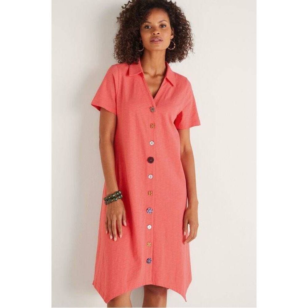 Soft Surroundings Danielle Button Dress Medium Coral Short Sleeve Midi
